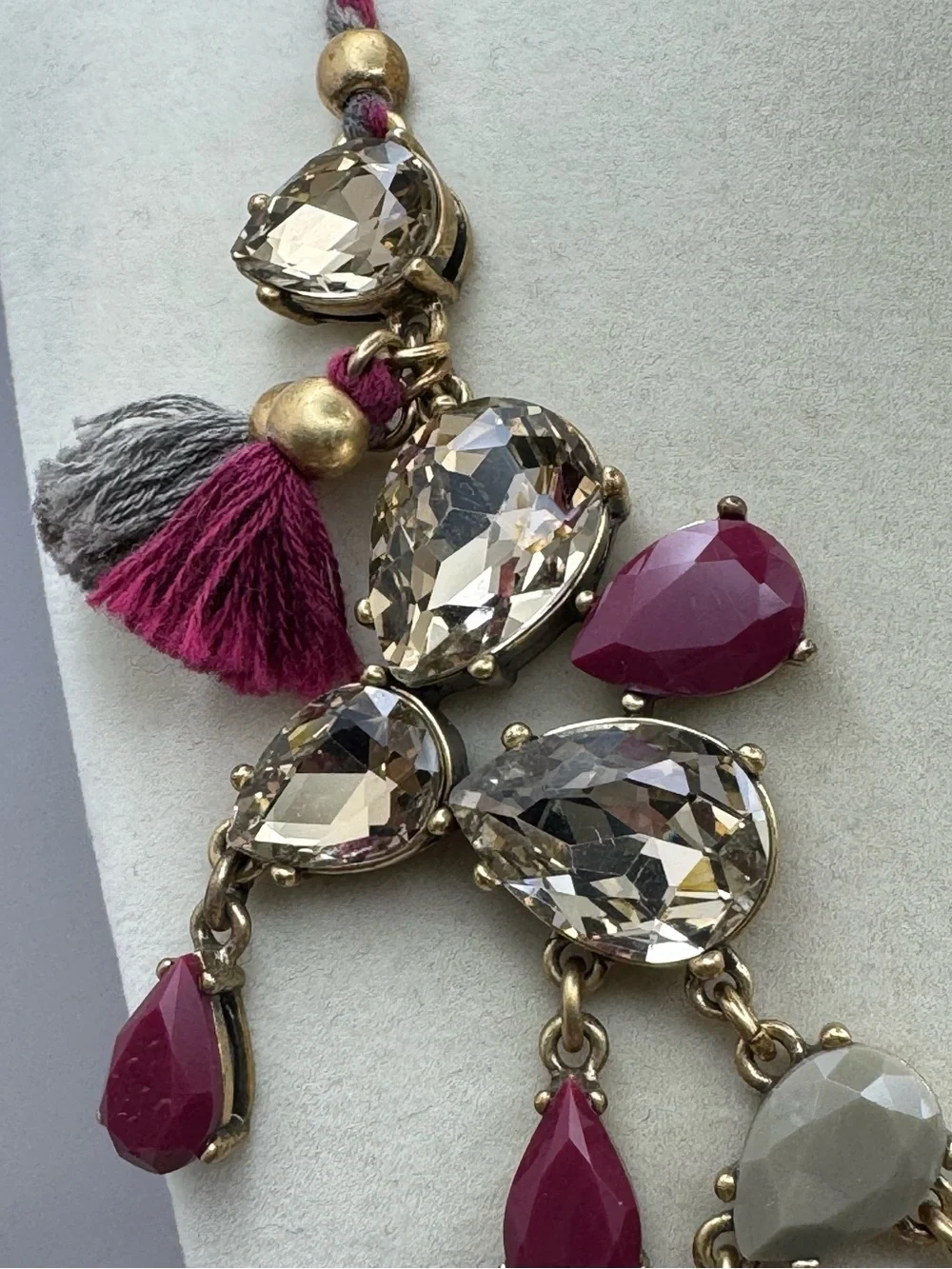 J. Crew Plum and Champagne Crystal Statement Necklace with Tassels